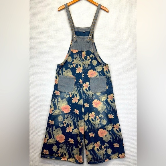 Cowoka Denim - COWOKA Boho Floral Denim Bib Overalls Loose Wide Leg Jumpsuit Suspenders Small